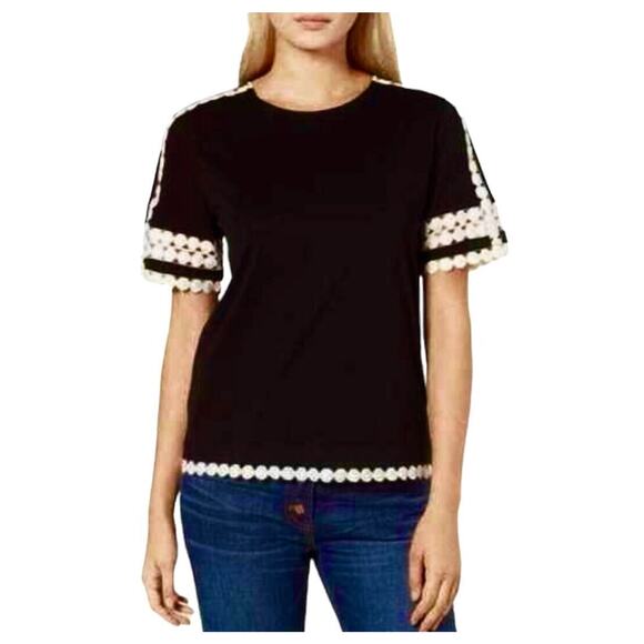 J Crew Comfy Black and Cream Embroidery Stitch Circles Sleeve Hem Design Top XXS - Picture 2 of 11